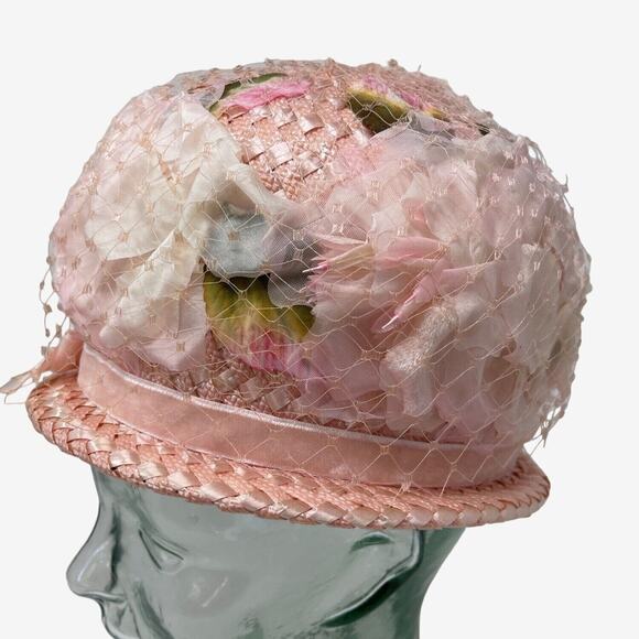 Vintage 60s Raffia Hat Satin Band Bow Silk Floral Net Covered‎ Cloche Grannycore - Picture 5 of 9